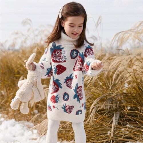 2021 New Autumn Winter Baby Girls Thick Warm Knee-Length Dress Pattern Print Turtleneck Long Sleeve Knitted Sweater Dresses X07