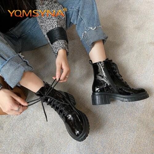 YQMSY Casual Ankle Boots Women Genuine Leather Round Toe Lace-up Square Heel Boots Vogue Zipper Non-slip Commute Shoes AS190