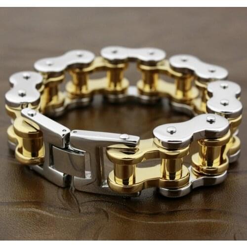 Stainless Steel Motorbike Chain Mens Biker Punk 2 Tone Bracelet 5S005 Length 9.2 inch Fits Wrist Size 7.2"~7.8"