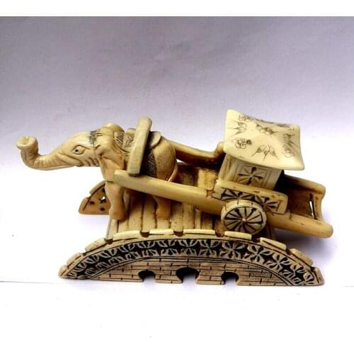 YIZHU CULTUER ART Collection Ancient China Tibet ox Bone Hand Carved Elephant Cart Lovely Family Decoration