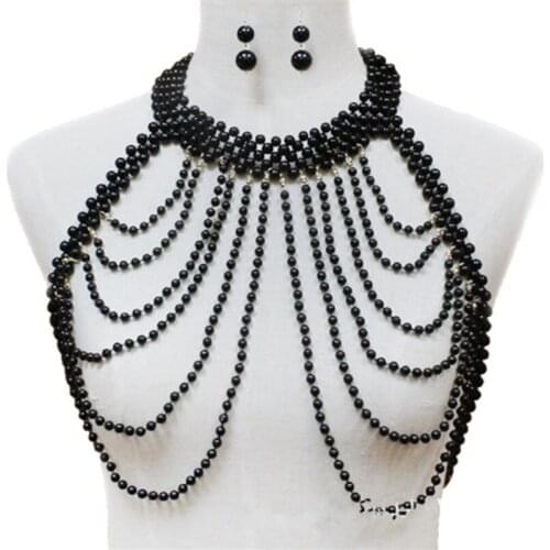 Fashion hand woven pearl shoulder chain crystal body chain girls pearl breast chain sexy dress accessories for women jewelry
