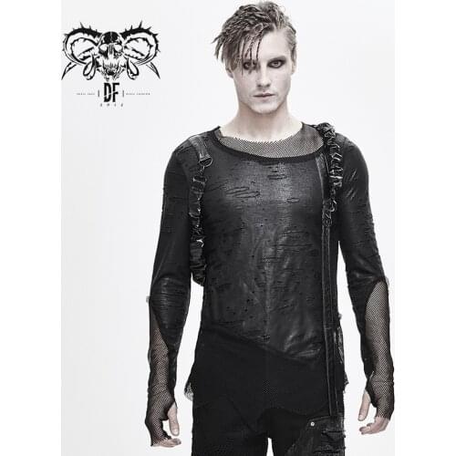 Devil Fashion Mens Punk Irregular Long Sleeve Top Street Rock Broken Hole Mesh Splicing Stage Performance Club Costume Shirt