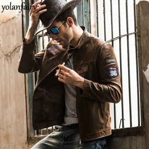 Genuine Leather Jacket Men Spring Autumn Vintage Motorcycle Leather Jacket Men Plus Size Chaqueta Cuero Hombre FM2015-60 YY770