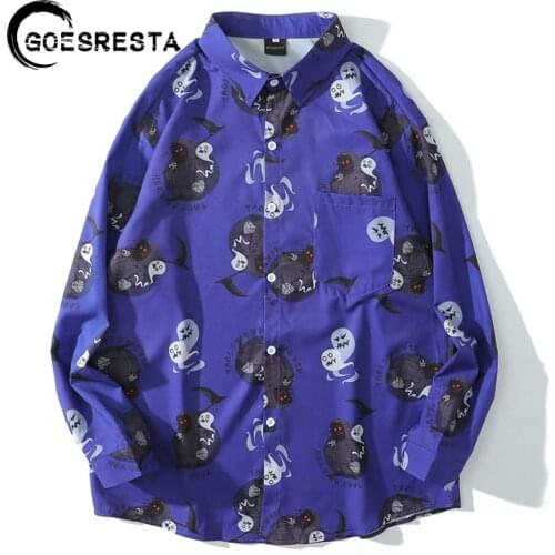 2020 New Brand Fashion Hip Hop Shirt Men Streetwear Ghost Print Long-Sleeved Shirt Harajuku Oversized Casual Autumn Mens Shirt