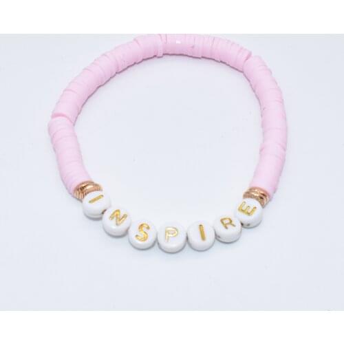 Pink polymer clay spacers brush gold zinc alloy metal disc words BLESSED INSPIRE stretch Bracelet for women