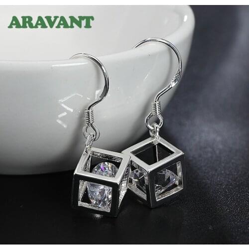 925 Silver Square Clear CZ Zircon Dangle Earrings For Women Silver Jewelry