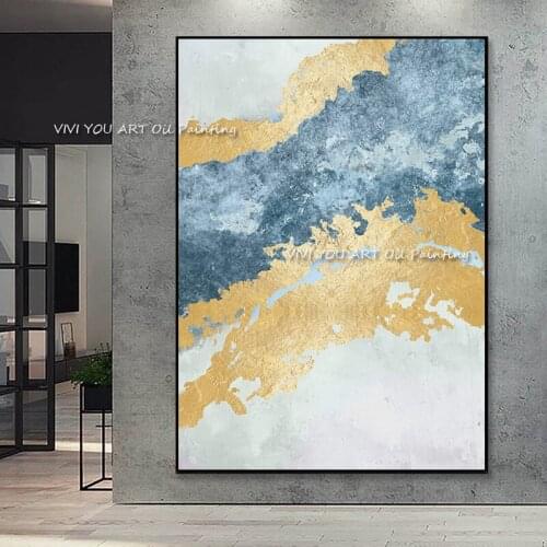 Modern Abstract Handmade Ocean Blue Gold Foil Oil Painting Canvas Art Painting Abstract Art Picture for Living Room Home Decor