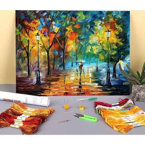 Green Tree Printed Fabric 11CT Cross-Stitch Embroidery Complete Kit DMC Threads Handicraft Knitting Handmade Handiwork Design