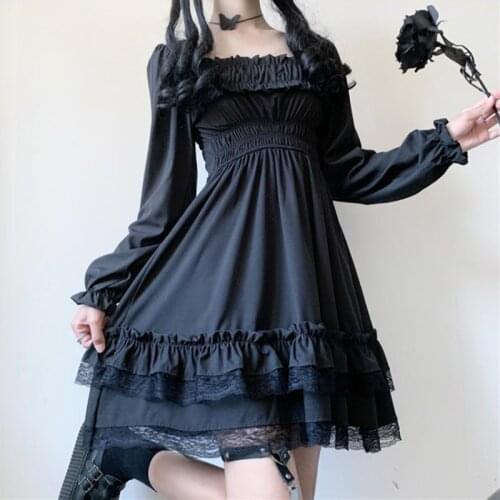 Japanese dark Recipients Shirred Slim Slimming Long-Sleeved fairy dress tea party lolita dress sweet lolita doll gothic lolita