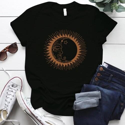 Seeyoushy Sun and Moon Print Funny Women Tshirts Round Neck Summer Loose Graphic Tee Femme 2021 Top Kawaii Lady Clothes