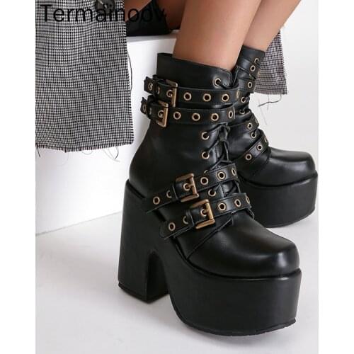 Termainoov Women Boots Platform Boots High Heels Thick Heel Waterproof Buckle High Heel Martin Boots Big Size 43