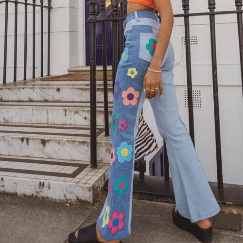 Floral Appliques Panelled Bell Bottom Pants Jeans 2021 Autumn Fashion High Waist Denim Cotton Flat Blue Flare Pants Woman Pants