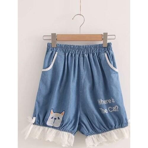 Japan Style 2021 New Lace Elastic Waist Bloomers Cat Head Embroidered Denim Shorts Women Sweet Ladies Bottoms 2117893
