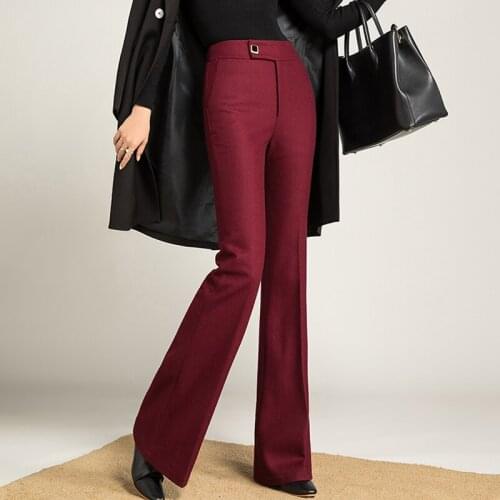 2020 Winter Woman High Waisted Wine Red Woolen Flare Pants , Fall Women Clothing 3xl Wool Trousers
