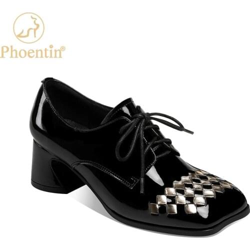 Phoentin Real Leather Womens Spring Shoes Lace Up Woman Pumps Bling Sqare Toe Medium Hoof Heels Designer Shoes 2021 New FT1375