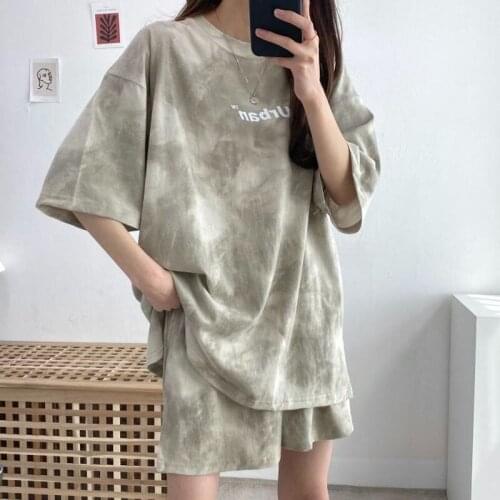 Vintage Khaki Tie Dye Cotton Two Piece Sets Women Comfort Tracksuit 2021Summer Casual Plus Size Shorts T-shirt Clothes for Teens