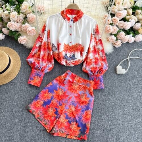 New Spring Retro Print Suit For Women Lantern Sleeve Loose Casual Shirts + High Waist Wide Leg Short Pants Two Piece Set Outfit