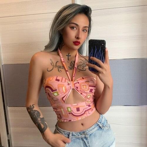 Women’s Sexy Halter Bandage Vest Fashion Abstract Printing Hollow Exposed Navel Camisole