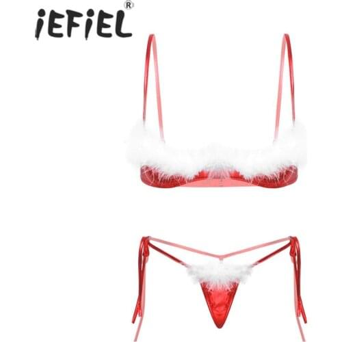 Women Sexy Erotic Open Cups Bra with Panties Metallic Christmas Lingerie Set White Feather Trim Underwired Top G-string Briefs