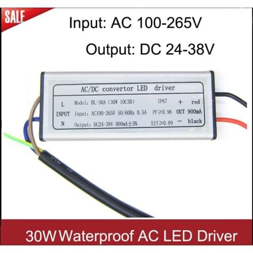 1pcs High Power 30W Waterproof AC100-265V DC 24-38V LED Driver 900mA Lighting Transformers Switch For LED Light Lamp