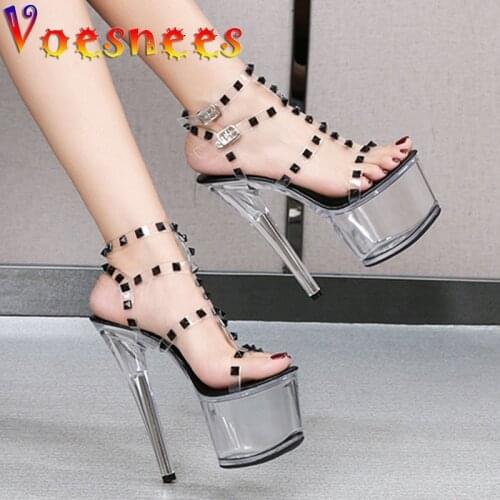 Voesnees Sandals Women 2021 Summer Sexy Transparent Heel Nightclub Sandals Fashion Rivets Block Lightweight Non-Slip Model Shoes
