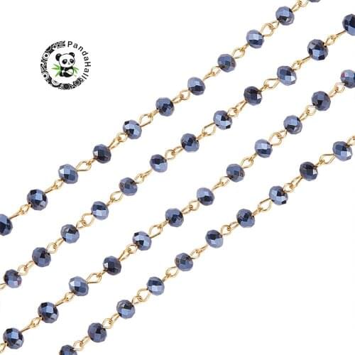 6mm Handmade Abacus Glass Beads Chains for Neckalces Bracelets Making, with Golden Iron Eyepins, Black, 39.3"