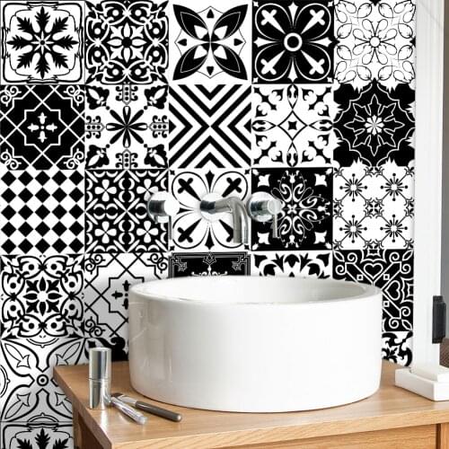 Black & White Strip Ceramic Wall Sticker Glossy Surface Kitchen Bathroom Stairs Wallpaper Waterproof Oil-proof Tiles Wall Decals