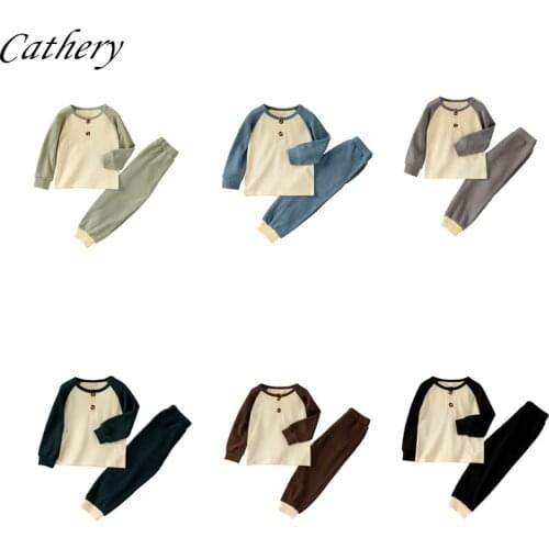 Childrens Clothing Toddler Baby Boys Girls Waffle Knit Long Sleeves Shirt Patchwork Stitching Top Sweatshirt Pants Clothes Set