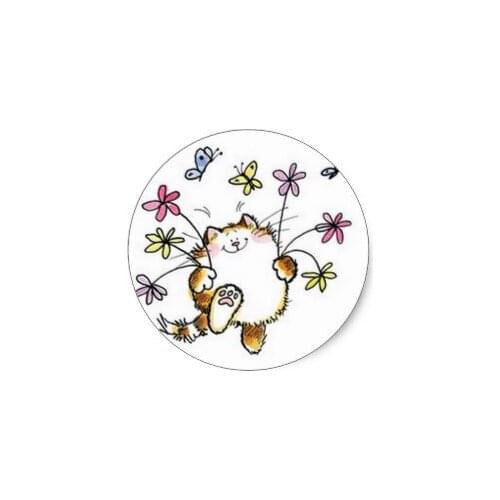 3.8cm Cat with flowers classic round sticker