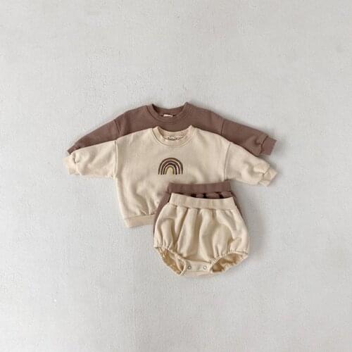 2021 Fashion Spring Children Clothes Set 2pcs Rainbow Jumper+Bloomer Cute Baby Girls Boys Long Sleeve Shirt Shorts Suit