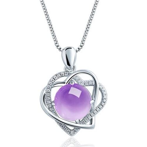 Natural Purple Chalcedony Hand Carved Heart-shaped Pendant Fashion Personality Jewelry Womens 925 Silver Agate Necklace