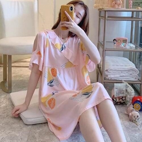 Nightgowns women short sleeve cotton night dress sweet print students nightwear nightshirt loose ladies sleepwear home clothes