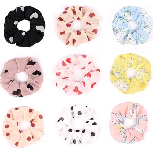 2020 New Pattern Preppy Style Hair Scrunchies Polka Dots Heart Ponytail Holder Chiffon Hair Bands Women Hair Accesorios