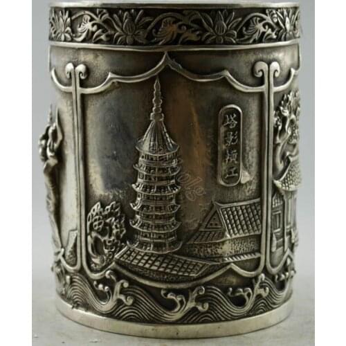 Elaborate Chinese Collectible Decorated Old Handwork Tibetan Silver Tower House Brush Pot