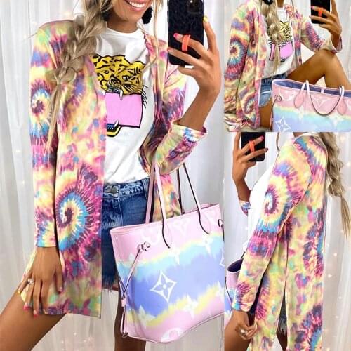 Women Print Jackets Spring Colourful Tie Dyeing Coat Women Sweatshirt Casual Pocket Zipper Loose Female Outwear