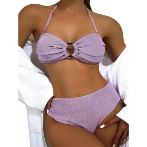 Women Sexy Two Piece Bikini Suits Fashion Solid Color Ring Halter Tops and High Waist Thong Swimsuit Beachwear