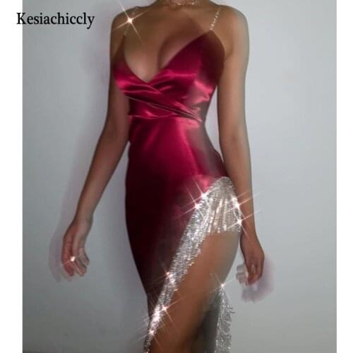 Kesiachiccly Diamonds Tassel Sexy Dress Women Elegant Evening Bodycon Party Dresses Spaghetti Strap Long High Split Maxi Dress