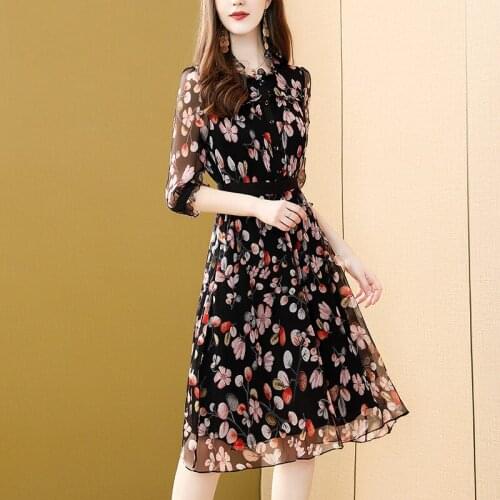 Summer Silk 200% Real Elegant Floral Women Dress Fashion Midi Ladies Dresses Slim 2020 New Vestidos 22629 Pph426