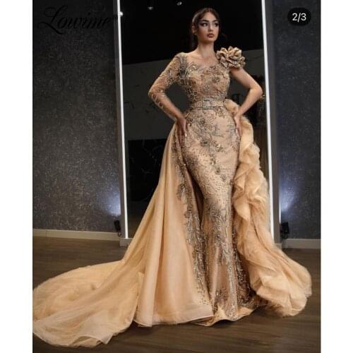 2021 Couture Dubai Turkish Beaded Evening Dresses Women Party Gowns With Detachable Train Robe De Soiree Formal Kaftan Abaya