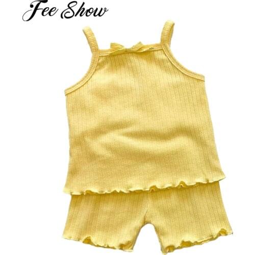 2PCS/Set Comfortable Knit Sleeveless Tops+Shorts Kids Clothes Solid Colors Vest Clothing Set Toddler Kid Boy Girls Pajama Summer