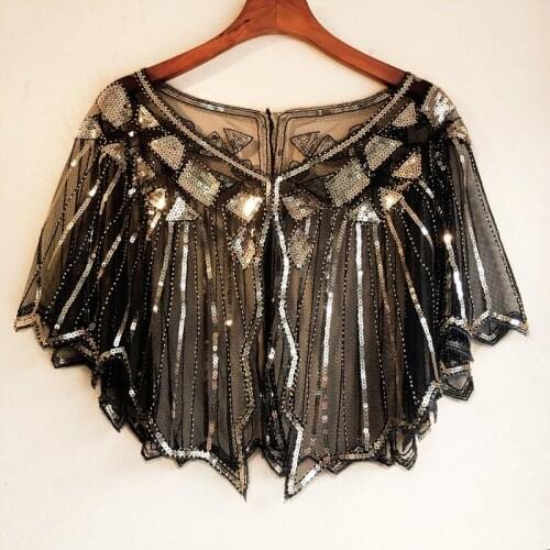 2021 Geometric Sequin Beaded Cape Vintage 1920s Shawl Wraps Flapper Cover Up Women Lady Mesh Scarf for Party Evening Gown Shrug