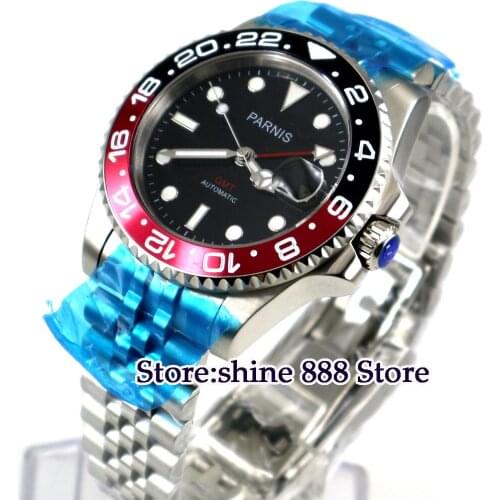 40mm Parnis black dial black red bezel Sapphire glass GMT automatic mens watch