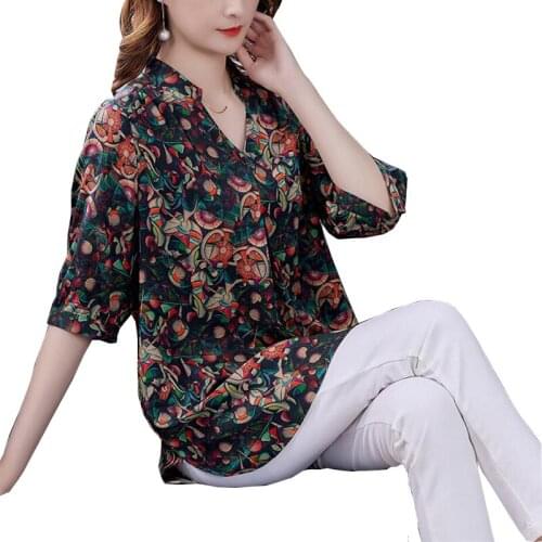 New style fashion 2021silk wind Floral print V-neck Short sleeve shirt blouse women 2021 vintage Short sleeve plus size FC988