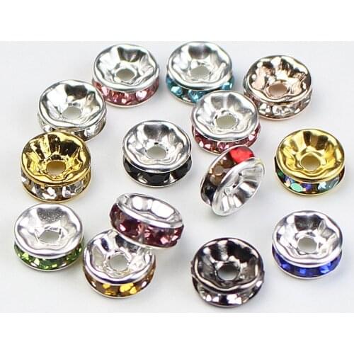 50pcs/lot 4 6 8 10mm Gold Silver Plated Crystal Rhinestone Rondelles Loose Spacer Beads for DIY Jewelry Making Accessories