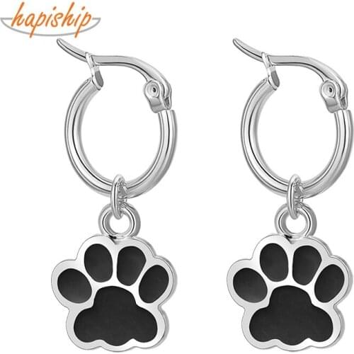 Hapiship 2021 New Fashion Stainless Steel Footprints Princess Pendant 15mm Round Hoop Earring for Women Everyday Jewelry DJ313