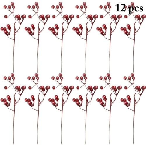 12pcs Red Artificial Flowers Stamen Berries Bundle DIY Christmas Wedding Cake Gift Wreaths Decoration Artificial Holly Berries