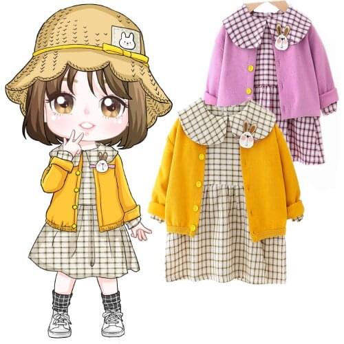 2PCS Newborn Baby Girl Clothes Kids Lounge Set Children Dress Long Sleeve Dress Plaid + knitted cardigan Clothing Sets Fall 2021