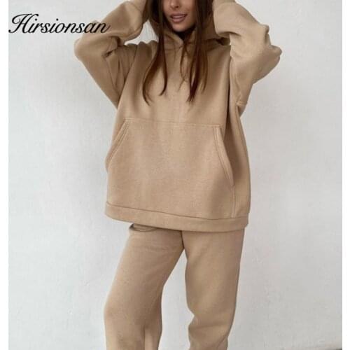 Hirsionsan Soft Cotton Fleece Women Sets Autumn Winter Thicken Warm Hoodie Sweatshirts and Pants Two Piece Sets Ladies Tracksuit