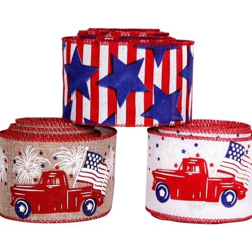 6.3cm Wide Satin Ribbon 10M length Car Star Pattern Linen Ribbon for Crafts DIY Craft Bows American Independence Day Decoration