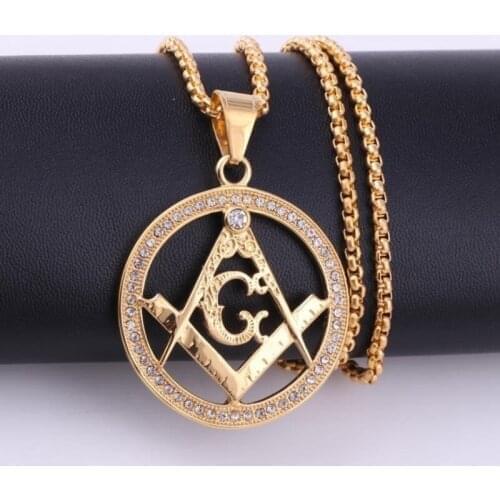 New Trendy AG Masonic Round Pendant Necklace Mens Necklace Bohemian Crystal Inlaid Metal Pendant Accessories Party Jewelry